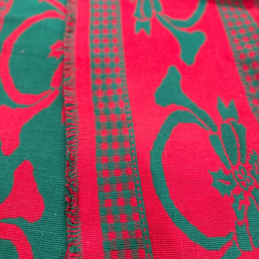 Vintage Red Green Reversible Woven Christmas Table Runner French Horn Holly 68in